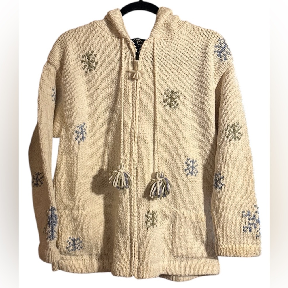 Vintage Ande Wear Hand Knit Hooded Sweater Ecuador Wool Cotton Tassel Boho. Med